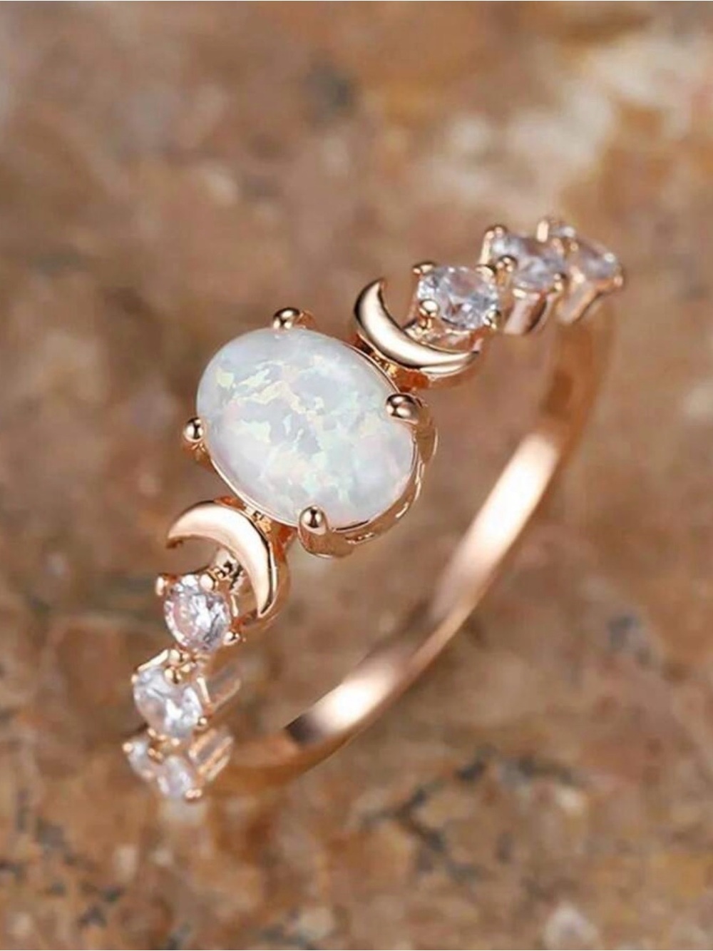 Rose Gold Opal Crescent Moon Ring Sz 6